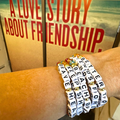 Broadway Stacks BETTER TOGETHER Collection. 5 stretch bracelets included in Stack. Black, white, red, blue, orange, yellow and gold colored beads. Letter beads that spell quotes. Star logo bead to remind you that you shine. Beaches the Musical fans.