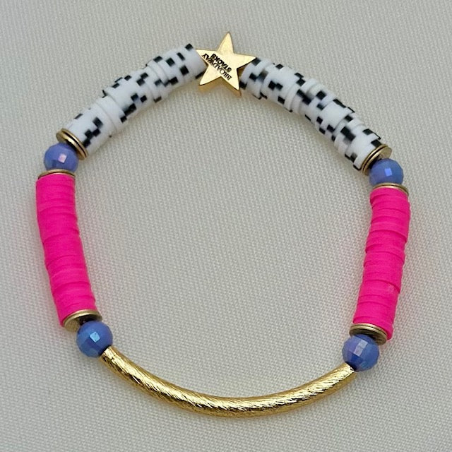 Broadway Stacks POTUS collection. 3 stretch bracelets included in Stack. Pinks, white, blue, golds and black colored beads. Letter beads that spell show quotes. Broadway Stacks gold star logo bead on back.