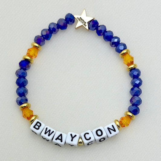 Broadway Stacks BroadwayCon 2024 Special Edition bracelet. 1 stretch bracelet. Blue, orange, white and gold colored beads. Letter beads that spell Bway Con.
