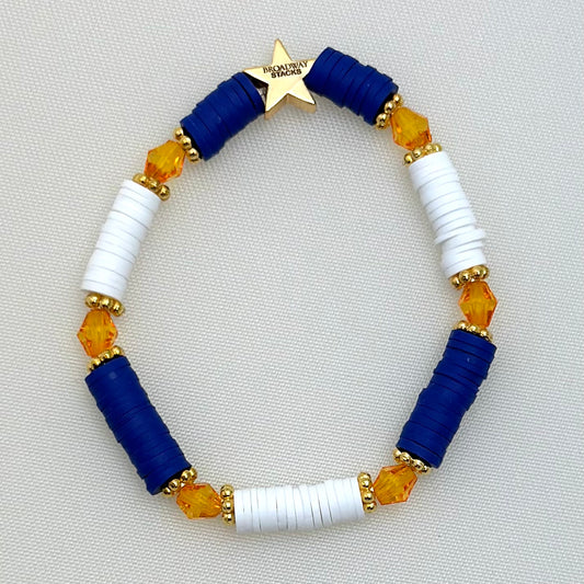Broadway Stacks BroadwayCon 2024 Cosplay bracelet. 1 stretch bracelet. Blue, orange, white and gold colored beads with star logo bead.