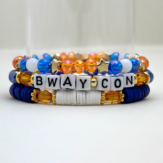 Broadway Stacks BroadwayCon 2024 Stack bracelets. 3 stretch bracelets. Blue, orange, white and gold colored beads. Letter beads that spell Bway Con. All have star logo bead.