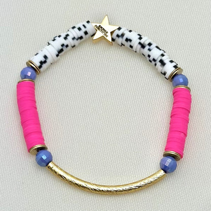 Broadway Stacks POTUS collection. 3 stretch bracelets included in Stack. Pinks, white, blue, golds and black colored beads. Letter beads that spell show quotes. Broadway Stacks gold star logo bead on back.