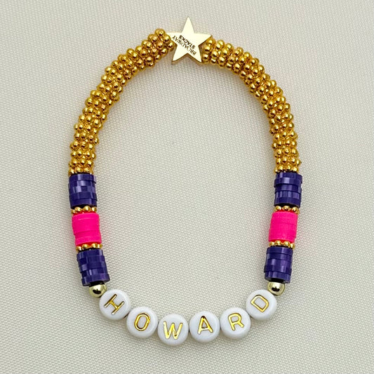 Broadway Stacks QUEEN collection. Stretch bracelets included in Stack. Gold, yellow, green, white, red, pink and blue colored beads. Letter beads that spell each queen. Also Herstory collection. Broadway Stacks gold star logo bead on back.