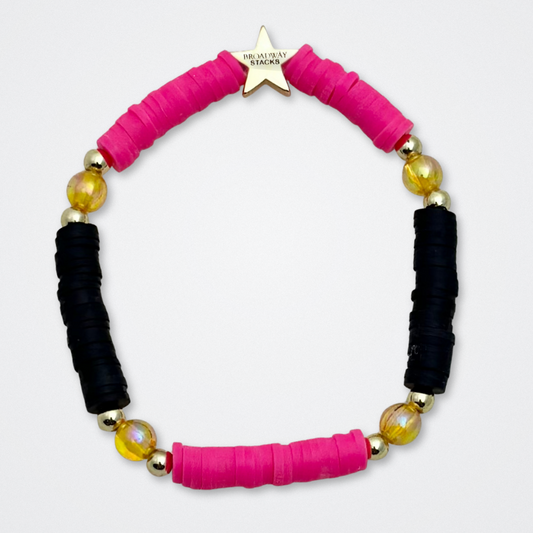 Broadway Stacks De Bois Band collection. 3 stretch bracelets included in Stack. Pinks, golds and black colored beads. Letter beads that spell quotes. Broadway Stacks gold star logo bead to remind you that you shine. & Juliet fans.