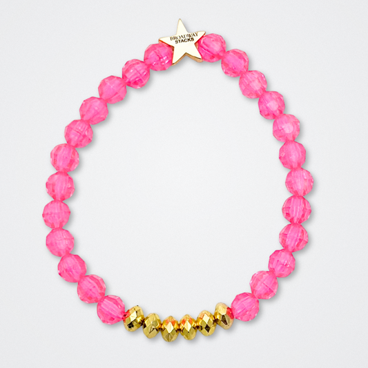 Broadway Stacks De Bois Band collection. 3 stretch bracelets included in Stack. Pinks, golds and black colored beads. Letter beads that spell quotes. Broadway Stacks gold star logo bead to remind you that you shine. & Juliet fans.