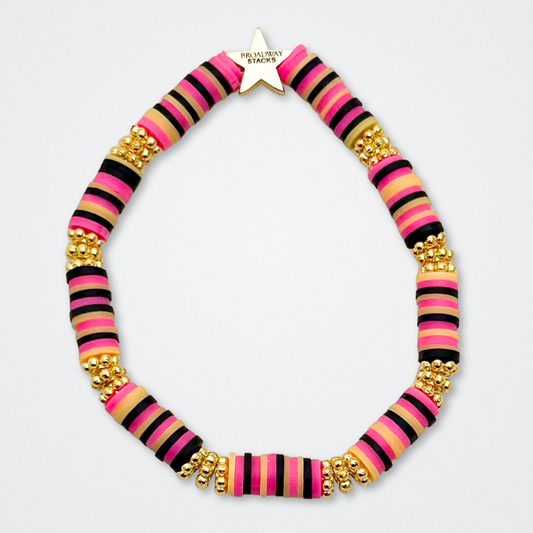Broadway Stacks De Bois Band collection. 3 stretch bracelets included in Stack. Pinks, golds and black colored beads. Letter beads that spell quotes. Broadway Stacks gold star logo bead to remind you that you shine. & Juliet fans.