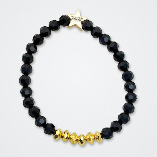 Broadway Stacks De Bois Band collection. 3 stretch bracelets included in Stack. Pinks, golds and black colored beads. Letter beads that spell quotes. Broadway Stacks gold star logo bead to remind you that you shine. & Juliet fans.