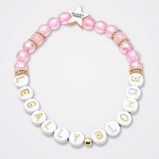 Broadway Stacks KEEP IT POSITIVE Collection. 9 stretch bracelets included in Stack. Pinks, white and gold colored beads. Letter beads that spell quotes. Gold star logo bead to remind you that you shine. Legally Blonde fans. 