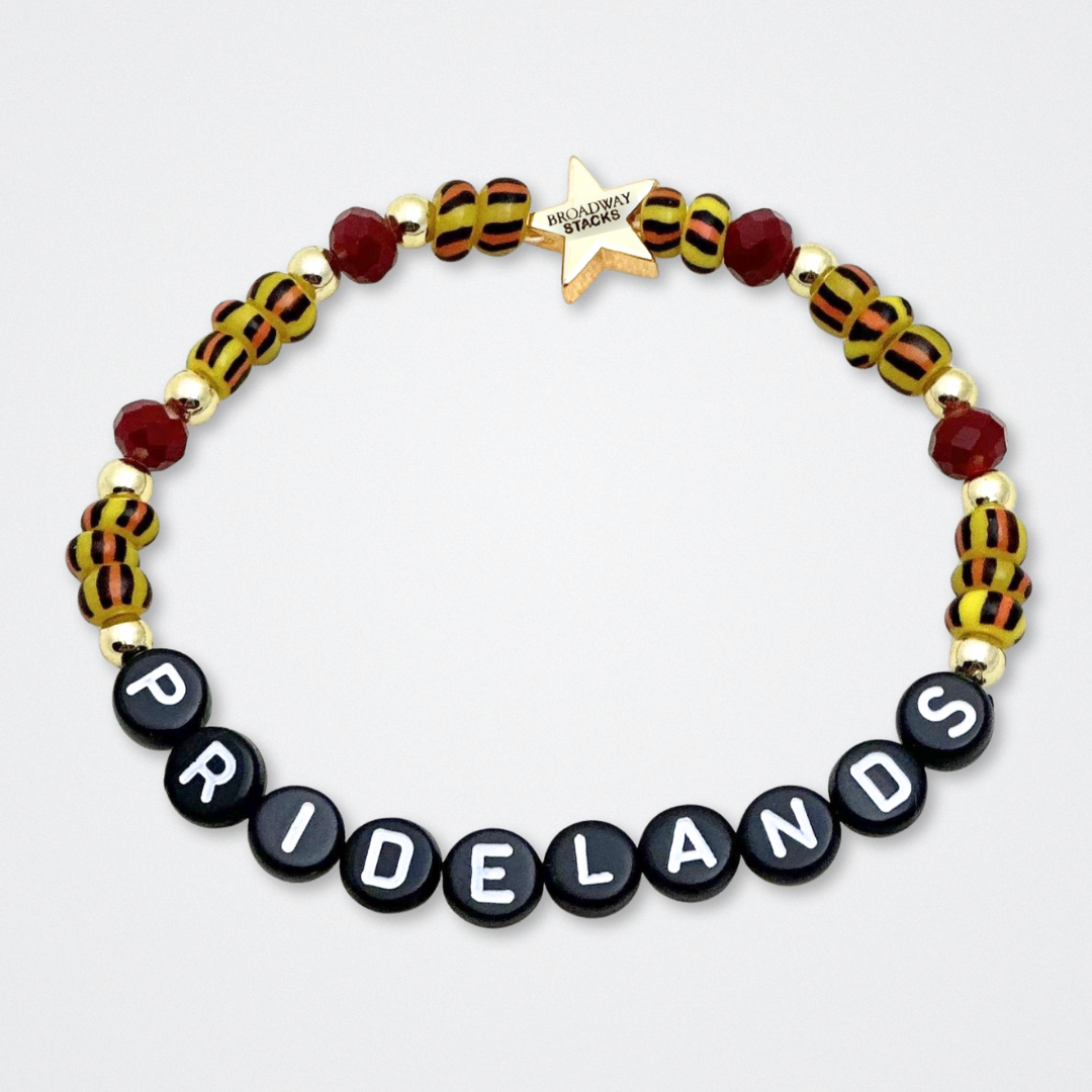 Broadway Stacks SAFARI collection. 3 stretch bracelets included in Stack. Dark reds, yellow, orange, white, black and gold colored beads. Animal print beads as well. Letter beads that spell quotes, Gold star logo bead to remind you that you shine.