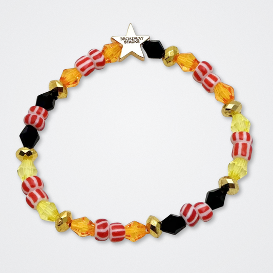 Broadway Stacks SAFARI collection. 3 stretch bracelets included in Stack. Dark reds, yellow, orange, white, black and gold colored beads. Animal print beads as well. Letter beads that spell quotes, Gold star logo bead to remind you that you shine.