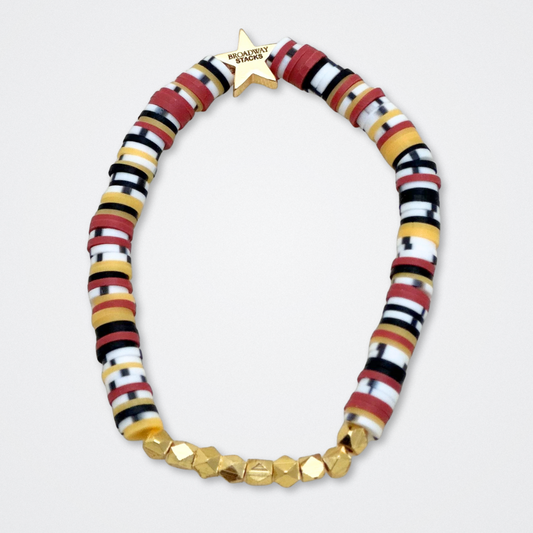 Broadway Stacks SAFARI collection. 3 stretch bracelets included in Stack. Dark reds, yellow, orange, white, black and gold colored beads. Animal print beads as well. Letter beads that spell quotes, Gold star logo bead to remind you that you shine.