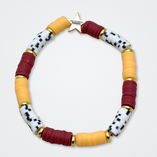 Broadway Stacks SAFARI collection. 3 stretch bracelets included in Stack. Dark reds, yellow, orange, white, black and gold colored beads. Animal print beads as well. Letter beads that spell quotes, Gold star logo bead to remind you that you shine.