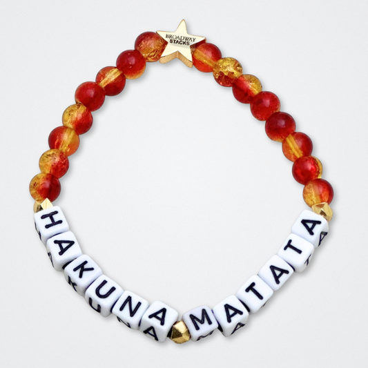 Broadway Stacks SAFARI collection. 3 stretch bracelets included in Stack. Dark reds, yellow, orange, white, black and gold colored beads. Animal print beads as well. Letter beads that spell quotes, Gold star logo bead to remind you that you shine.