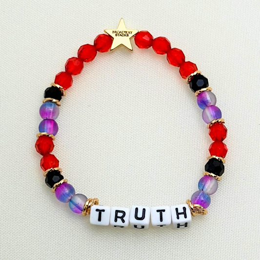 Broadway Stacks RED LIGHT Collection. 5 stretch bracelets included in Stack. Red, purple, black and gold colored beads. Letter beads that spell quotes. Gold star logo bead to remind you that you shine. Moulin Rouge fans. 