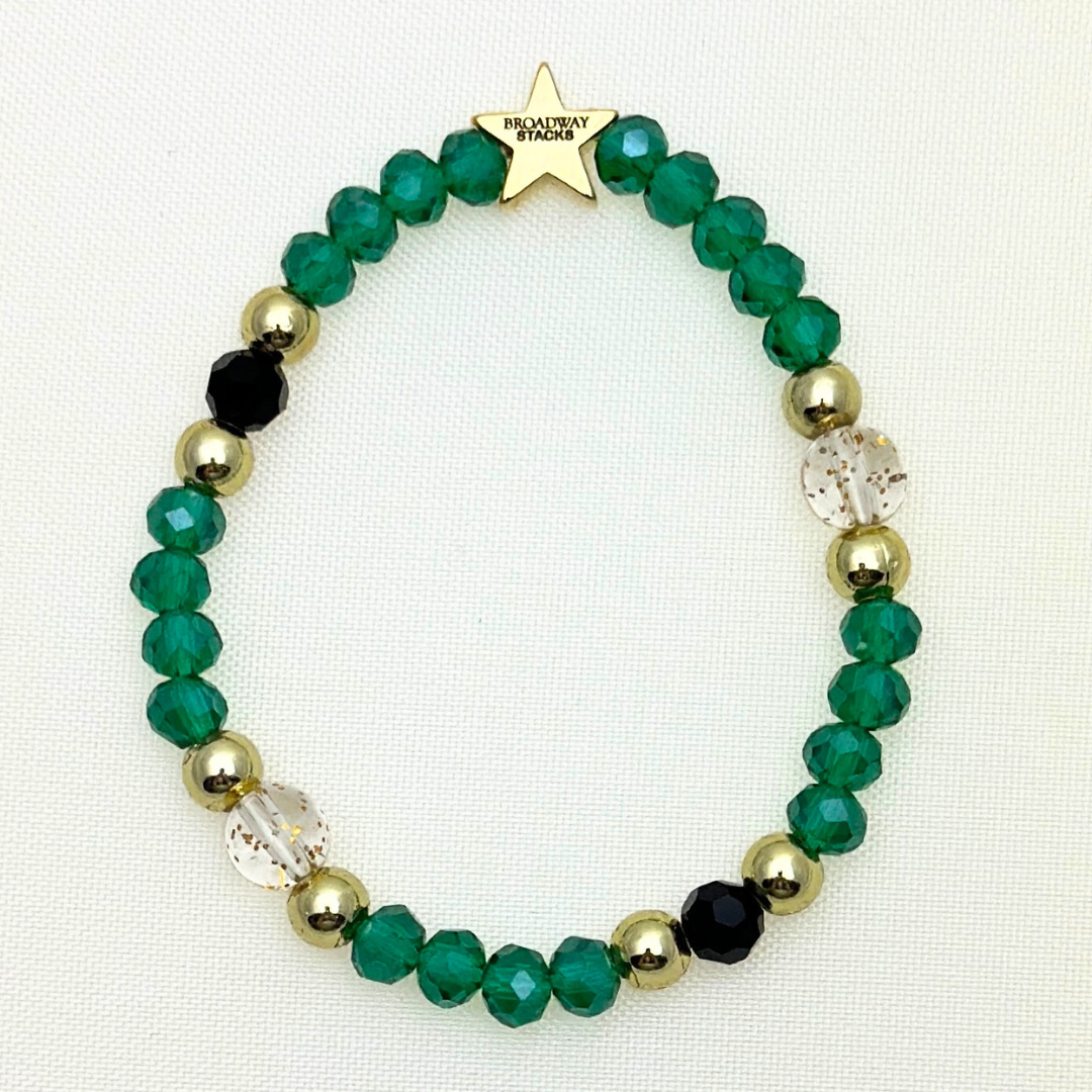 Broadway Stacks NEW MONEY Collection. 5 stretch bracelets included in Stack. Teal, black and gold colored beads. Letter beads that spell quotes. Gold star logo bead to remind you that you shine.