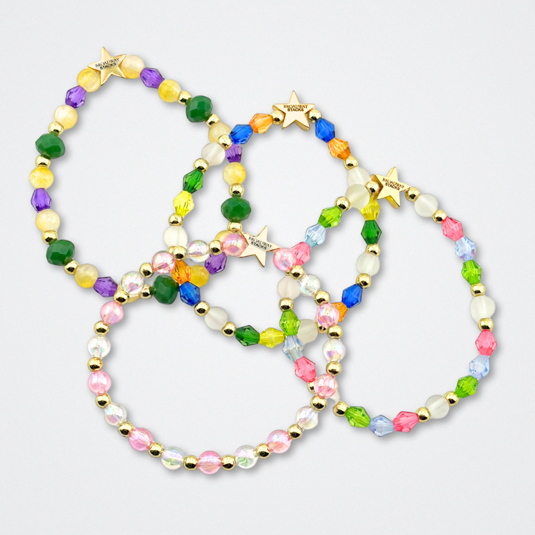 Broadway Stacks STAY GOLD collection. Stretch bracelets included in Stack. Inspired by characters from The Outsiders the Musical. Greasers and Socs. Broadway Stacks gold star logo bead to remind you that You Shine!