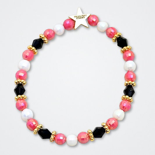 Broadway Stacks POTUS collection. 3 stretch bracelets included in Stack. Pinks, white, blue, golds and black colored beads. Letter beads that spell show quotes. Broadway Stacks gold star logo bead to remind you that You Shine. POTUS play fans.