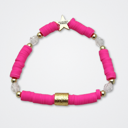 Broadway Stacks POTUS collection. 3 stretch bracelets included in Stack. Pinks, white, blue, golds and black colored beads. Letter beads that spell show quotes. Broadway Stacks gold star logo bead to remind you that You Shine. POTUS play fans.