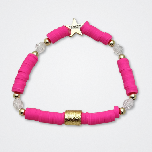 Broadway Stacks POTUS collection. 3 stretch bracelets included in Stack. Pinks, white, blue, golds and black colored beads. Letter beads that spell show quotes. Broadway Stacks gold star logo bead to remind you that You Shine. POTUS play fans.