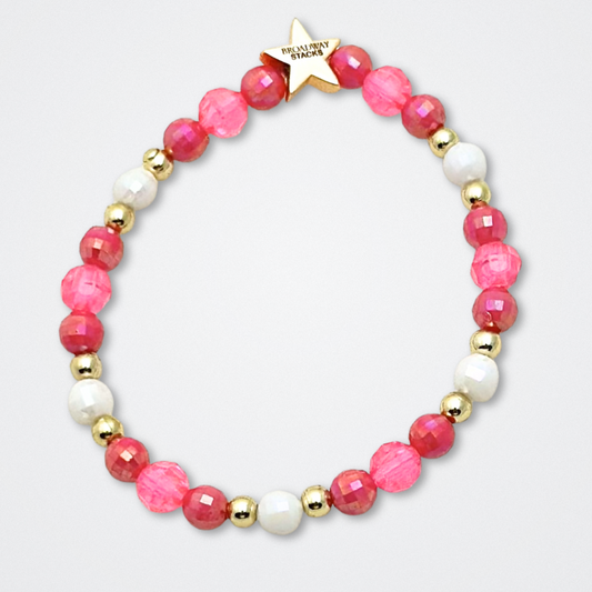 Broadway Stacks POTUS collection. 3 stretch bracelets included in Stack. Pinks, white, blue, golds and black colored beads. Letter beads that spell show quotes. Broadway Stacks gold star logo bead to remind you that You Shine. POTUS play fans.
