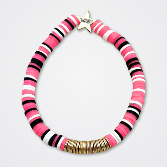 Broadway Stacks POTUS collection. 3 stretch bracelets included in Stack. Pinks, white, blue, golds and black colored beads. Letter beads that spell show quotes. Broadway Stacks gold star logo bead to remind you that You Shine. POTUS play fans.