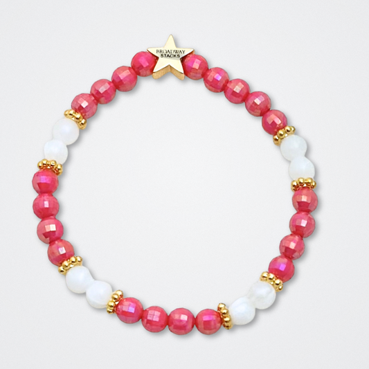 Broadway Stacks POTUS collection. 3 stretch bracelets included in Stack. Pinks, white, blue, golds and black colored beads. Letter beads that spell show quotes. Broadway Stacks gold star logo bead to remind you that You Shine. POTUS play fans.