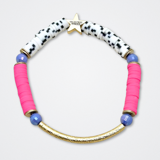 Broadway Stacks POTUS collection. 3 stretch bracelets included in Stack. Pinks, white, blue, golds and black colored beads. Letter beads that spell show quotes. Broadway Stacks gold star logo bead to remind you that You Shine. POTUS play fans.