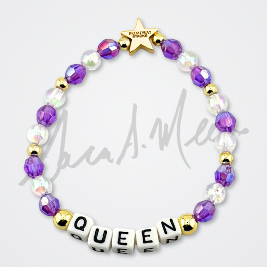 Broadway Stacks Special Edition Sara Mearns ROCKSTAR Bracelet Collection. 5 stretch bracelets included in Stack. Purple, clear, white, black and gold colored beads. Letter beads that spell quotes. Gold star logo bead to remind you that you shine. Sara Mearns and Ballet fans.
