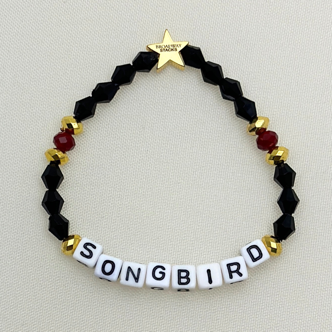 Broadway Stacks Underworld collection. 5 stretch bracelets included in Stack. Red, garnet, black and gold colored beads. Letter beads that spell quotes. Gold star logo bead to remind you that you shine.