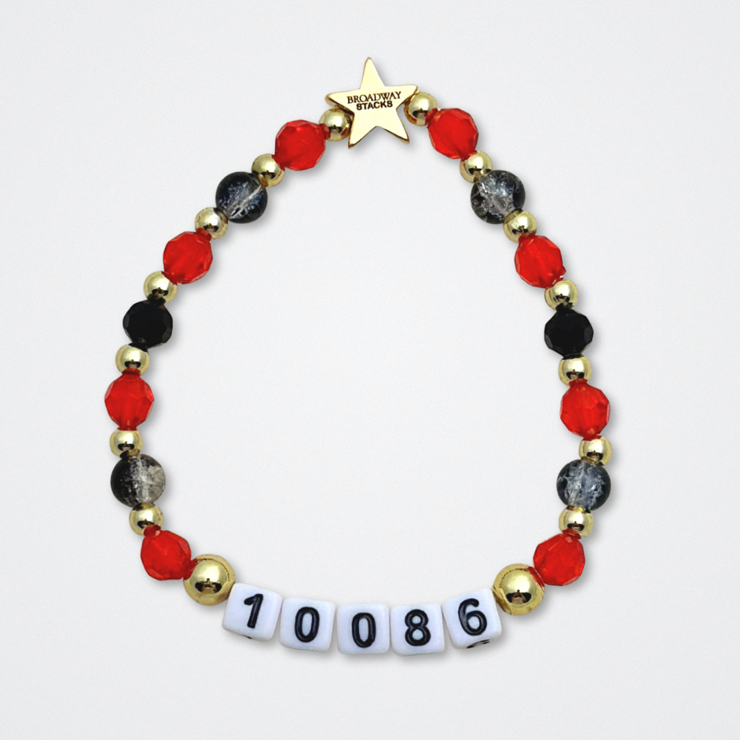 Broadway Stacks CLOSE-UP Collection. 6 stretch bracelets included in Stack. Red, black and gold colored beads. Letter beads that spell quotes. Gold star logo bead to remind you that you shine. Sunset Blvd fans. 