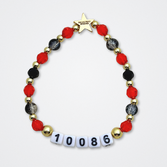 Broadway Stacks CLOSE-UP Collection. 6 stretch bracelets included in Stack. Red, black and gold colored beads. Letter beads that spell quotes. Gold star logo bead to remind you that you shine. Sunset Blvd fans. 