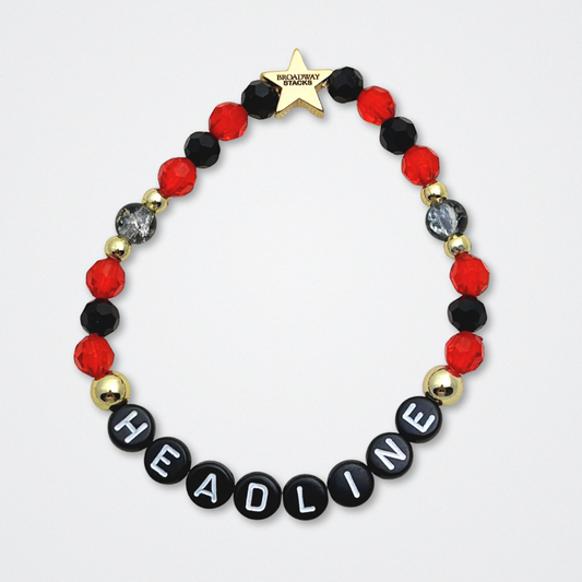Broadway Stacks CLOSE-UP Collection. 6 stretch bracelets included in Stack. Red, black and gold colored beads. Letter beads that spell quotes. Gold star logo bead to remind you that you shine. Sunset Blvd fans. 