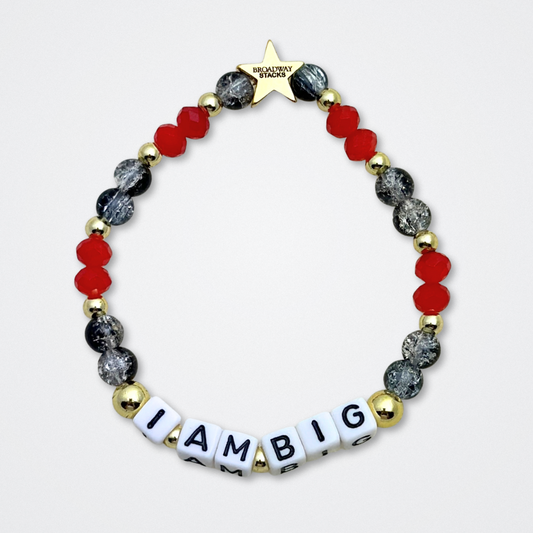 Broadway Stacks CLOSE-UP Collection. 6 stretch bracelets included in Stack. Red, black and gold colored beads. Letter beads that spell quotes. Gold star logo bead to remind you that you shine. Sunset Blvd fans. 