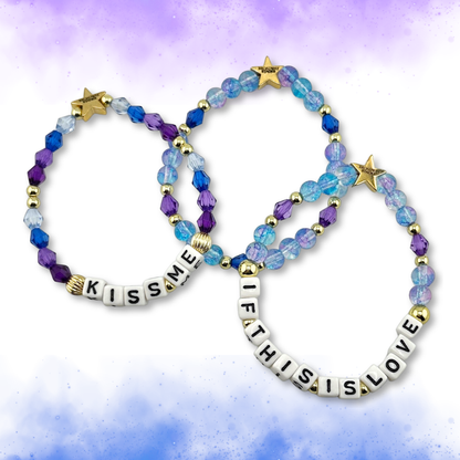 Broadway Stacks theatre-themed bracelets inspired by The Notebook Musical. Quotes on bracelets with blue and purple beads on a watercolor background. Part of the My DAYS Collection.