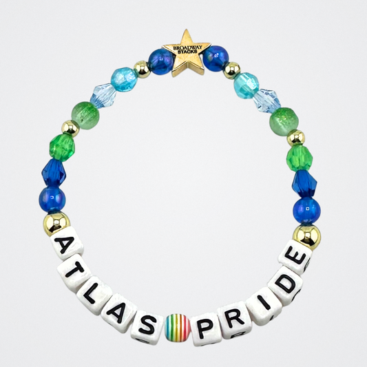 Broadway Stacks x Atlas Pride collaboration limited edition bead bracelet. Features blues, greens and a rainbow bead with the signature star logo bead. Displayed on a gray background.