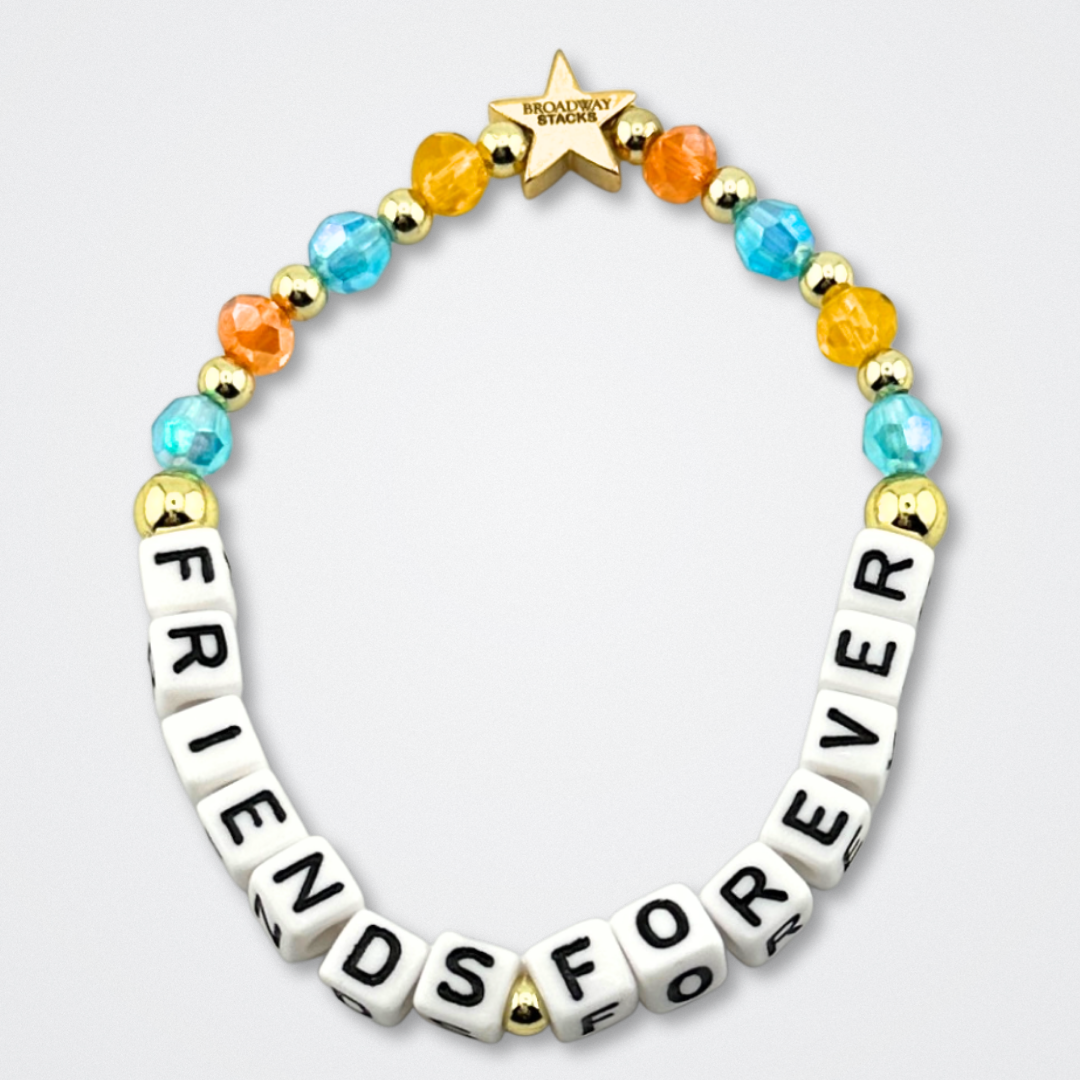 Broadway Stacks BETTER TOGETHER Collection. 5 stretch bracelets included in Stack. Black, white, red, blue, orange, yellow and gold colored beads. Letter beads that spell quotes. Star logo bead to remind you that you shine. Beaches the Musical fans.