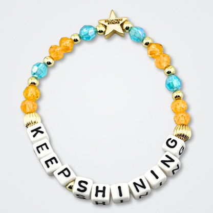 Broadway Stacks BETTER TOGETHER Collection. 5 stretch bracelets included in Stack. Black, white, red, blue, orange, yellow and gold colored beads. Letter beads that spell quotes. Star logo bead to remind you that you shine. Beaches the Musical fans.