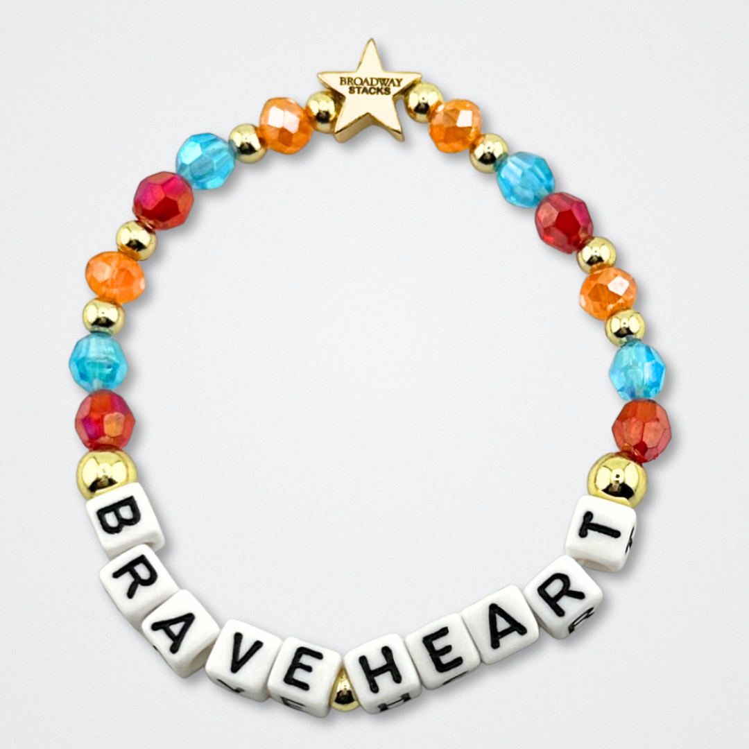 Broadway Stacks BETTER TOGETHER Collection. 5 stretch bracelets included in Stack. Black, white, red, blue, orange, yellow and gold colored beads. Letter beads that spell quotes. Star logo bead to remind you that you shine. Beaches the Musical fans.