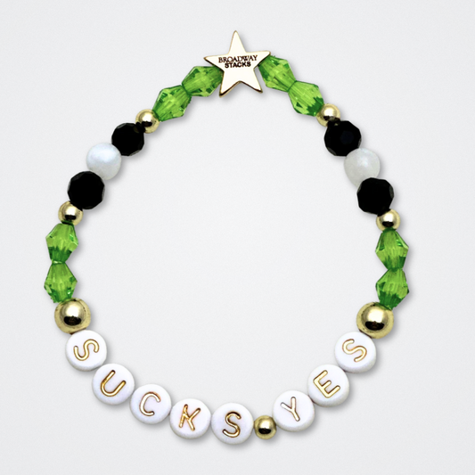 Broadway Stacks NETHERWORLD Collection. 5 stretch bracelets included in Stack. Green, black, purple, striped and gold colored beads. Letter beads that spell quotes. Gold star logo bead to remind you that You Shine. Beetlejuice fans. 