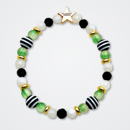 Broadway Stacks NETHERWORLD Collection. 5 stretch bracelets included in Stack. Green, black, purple, striped and gold colored beads. Letter beads that spell quotes. Gold star logo bead to remind you that You Shine. Beetlejuice fans. 