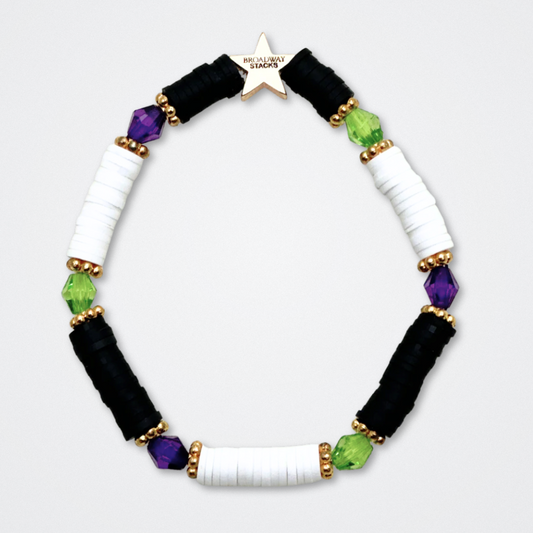 Broadway Stacks NETHERWORLD Collection. 5 stretch bracelets included in Stack. Green, black, purple, striped and gold colored beads. Letter beads that spell quotes. Gold star logo bead to remind you that You Shine. Beetlejuice fans. 
