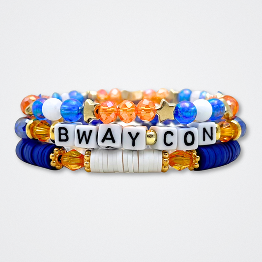 Broadway Stacks BroadwayCon 2024 Stack bracelets. 3 stretch bracelets. Blue, orange, white and gold colored beads. Letter beads that spell Bway Con. All have star logo bead.