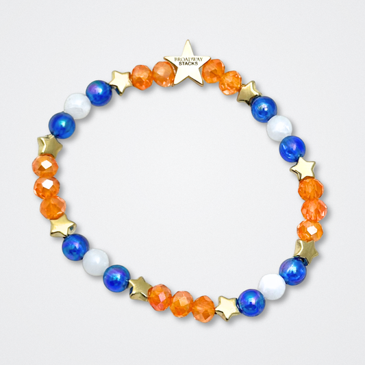 Broadway Stacks BroadwayCon 2024 Stack bracelets. 3 stretch bracelets. Blue, orange, white and gold colored beads. Letter beads that spell Bway Con. All have star logo bead.