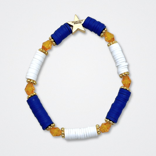 Broadway Stacks BroadwayCon 2024 Stack bracelets. 3 stretch bracelets. Blue, orange, white and gold colored beads. Letter beads that spell Bway Con. All have star logo bead.