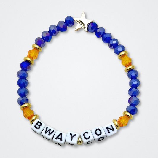 Broadway Stacks BroadwayCon 2024 Stack bracelets. 3 stretch bracelets. Blue, orange, white and gold colored beads. Letter beads that spell Bway Con. All have star logo bead.