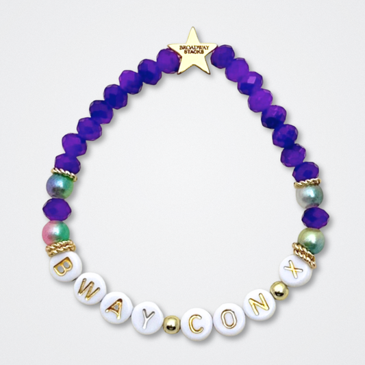 Broadway Stacks BroadwayCon X 2025 Special Edition bracelet. Stack of 3 bracelets. Purple, gold and iridescent colored beads. Letter beads that spell Bway Con X.