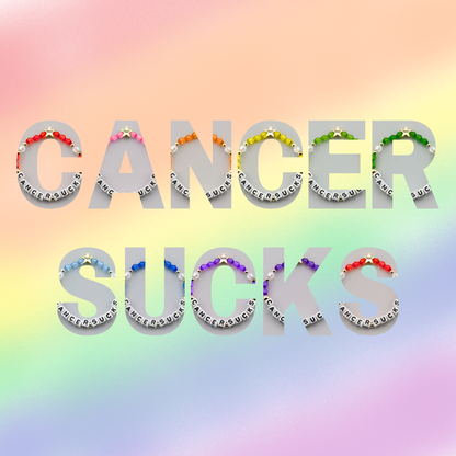 Broadway Stacks Special Edition bracelet. Red, pink, orange, yellow, green, blue. purple, white and gold beads. Letter beads that spell Cancer Sucks. Helping the Broadway Husbands and their fight with Lymphoma cancer. Star logo bead to remind you that you shine.