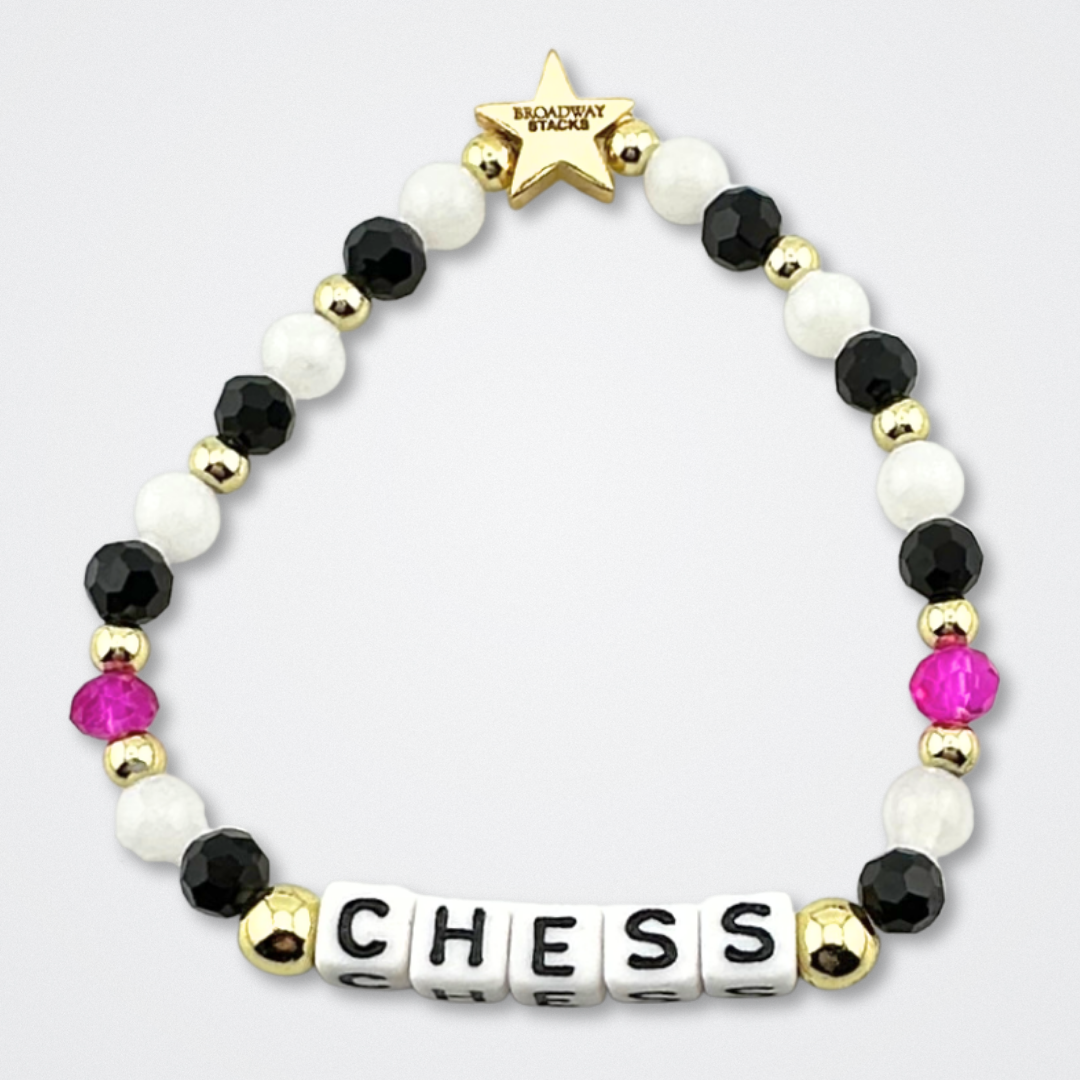 Broadway Stacks CHECKMATE Collection. 5 stretch bracelets included in Stack. Black, white, red, pink and gold colored beads. Letter beads that spell quotes. Star logo bead to remind you that you shine. Chess the Musical fans.