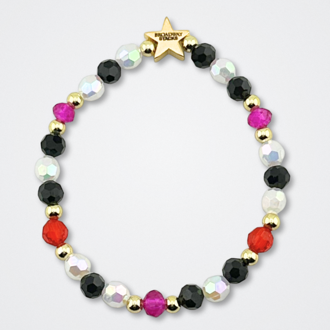 Broadway Stacks CHECKMATE Collection. 5 stretch bracelets included in Stack. Black, white, red, pink and gold colored beads. Letter beads that spell quotes. Star logo bead to remind you that you shine. Chess the Musical fans.