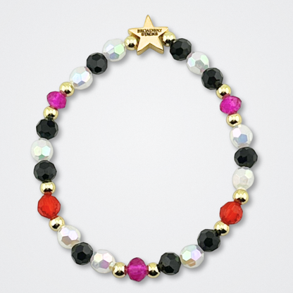 Broadway Stacks CHECKMATE Collection. 5 stretch bracelets included in Stack. Black, white, red, pink and gold colored beads. Letter beads that spell quotes. Star logo bead to remind you that you shine. Chess the Musical fans.